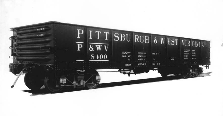 AC&F builder photo.  5/26  700 of these gondolas were on the roster in 1932. Gloss black car with white lettering.   A few of these lasted into the N&W era.  