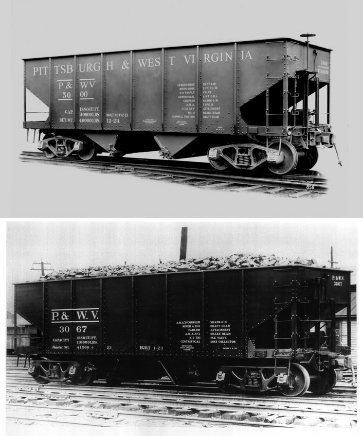 In Feb of 1923, 1000 new steel 30 Ft. USRA 50 Ton Rib Hoppers began to arrive at Rook, Pa.  These were the first all steel cars the railroad ordered.  The cars were painted all black with white reporting marks.  Most cars were lettered Pittsburgh & West Virignia and a few were marked P.&W.V.  The last few cars in this ordered arrived by Dec, 1923 and all were placed in local mine run service.